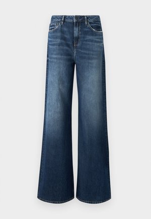 Wide-leg jeans in dark blue denim, featuring a high waist, five-pocket design, and subtle fading with a smooth texture.