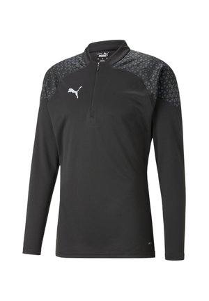Zwarte longsleeve shirt met een ritskraag, een gestructureerd grijs geometrisch patroon op de schouders en het PUMA-logo in het wit.
