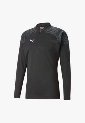 Schwarzes Langarmshirt mit einem Reißverschlusskragen, strukturiertem grauem geometrischen Muster auf den Schultern und PUMA-Logo in Weiß.