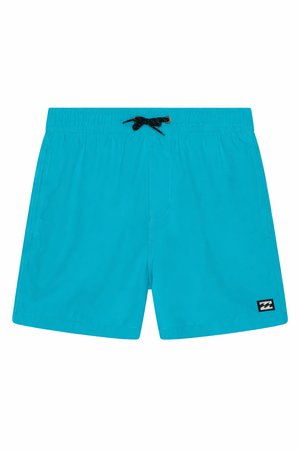 Bright turquoise swim shorts with elastic waistband and black drawstring, side pockets, and small black logo patch on hem.
