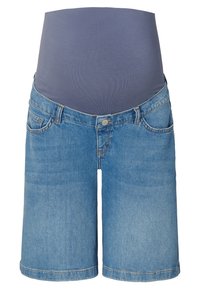 Denim shorts with a wide gray elastic waistband. Light blue wash, four pockets, and a cuffed hem at knee length.