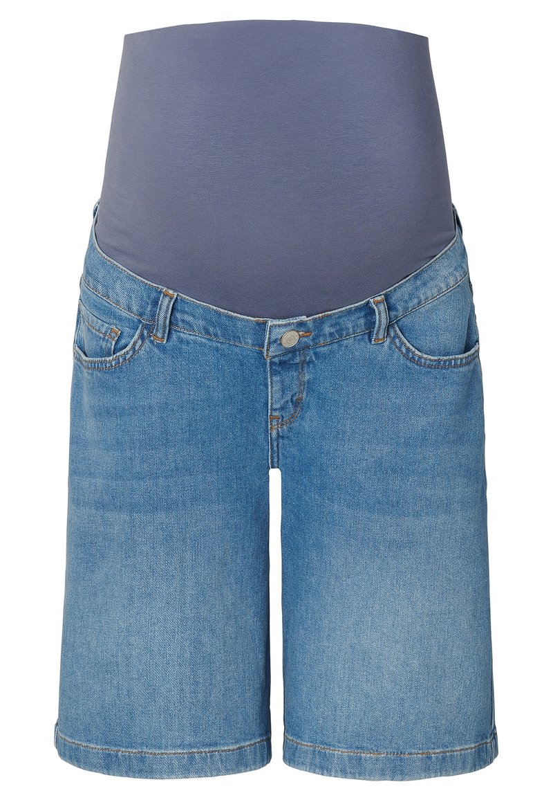 Denim shorts with a wide gray elastic waistband. Light blue wash, four pockets, and a cuffed hem at knee length.