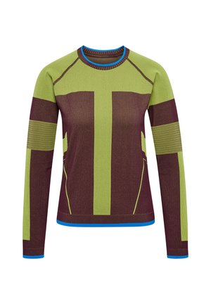 Langærmet skjorte i grøn og bourgogne, med tekstureret stof, stribede detaljer og blå kant ved krave og kant.