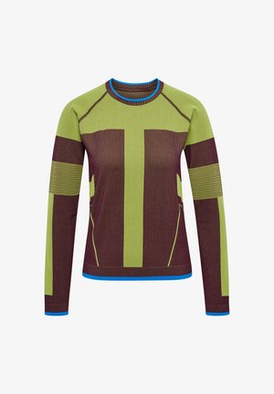 Chemise à manches longues verte et bordeaux, avec tissu texturé, accents rayés et bordure bleue au col et à l'ourlet.