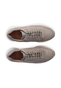 Light gray suede lace-up sneakers with a smooth texture, contrasting light blue accents on the heel, and a rubber sole.