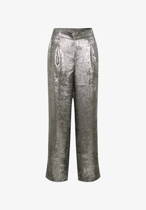 Srebrne metalik široke hlače s sjajnom teksturom, s elastičnim pojasom i nabranim detaljima sprijeda.