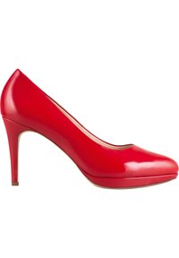 Czerwony lakierowany czółenek z zaokrąglonym noskiem, gładką teksturą i 4-calowym obcasem typu szpilka. Posiada niewielką platformę dla dodatkowej wysokości.