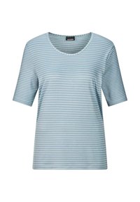 Hellblaues T-Shirt mit kurzen Ärmeln und dezenten weißen Streifen, runder Ausschnitt und lässiger Passform. Aus weichem, glattem Stoff gefertigt.