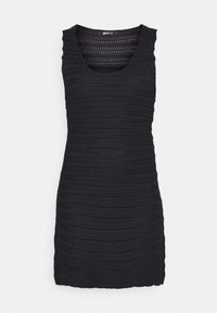 Robe noire sans manches avec un décolleté en forme de scoop, présentant un motif de rayures horizontales texturées et une silhouette ajustée.