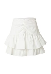 Witte gelaagde mini rok van lichtgewicht stof, met een gerimpelde tailleband en gelaagde ruffles voor een volle silhouet.