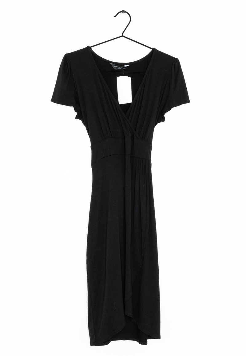 Black dress made of soft fabric, featuring short sleeves, a V-neck, and a wrap design with an uneven hem. Tag visible on hanger.