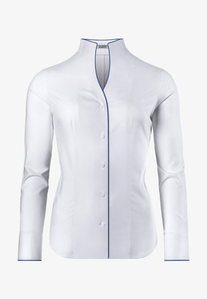 White shirt with a stand collar, button front, and long sleeves. Features blue piping along the collar and cuffs; smooth, uniform texture.