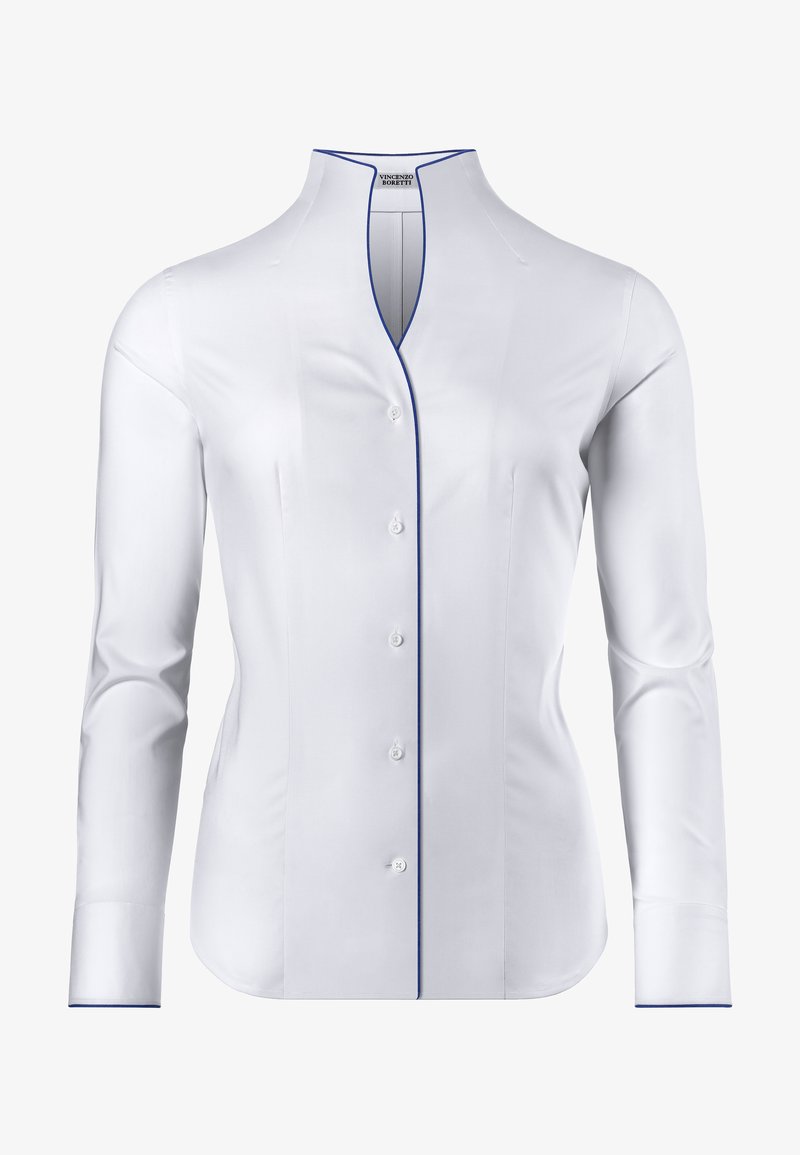 White shirt with a stand collar, button front, and long sleeves. Features blue piping along the collar and cuffs; smooth, uniform texture.