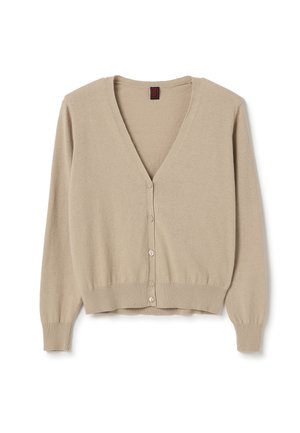 Beiger Cardigan aus weichem Stoff, mit V-Ausschnitt, langen Ärmeln, Knopfverschluss und gerippten Bündchen und Saum.