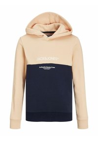 Mikina s kapucňou, s béžovou hornou časťou a tmavomodrou dolnou časťou, s bielym logom. Vyrobená z mäkkej bavlnenej zmesi, s rebrovanými manžetami a lemom.