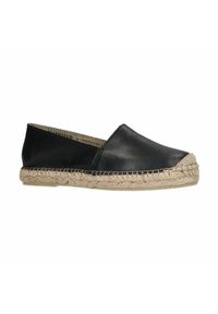 Zwarte leren espadrille met een jute-gewikkelde zool, voorzien van een instapontwerp en een ronde neus. Gladde textuur, minimale stikselgetailleerd.