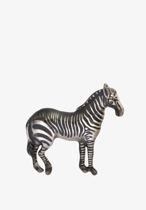 Figurica zebre izrađena od srebrnog metala, s crno-bijelim prugama, detaljnim karakteristikama lica i pozom u stojećem stavu.