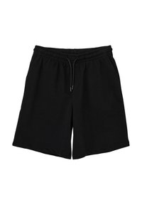 Zwarte shorts van zacht materiaal, met een elastische tailleband en een trekkoord, twee zijzakken en een losse pasvorm.