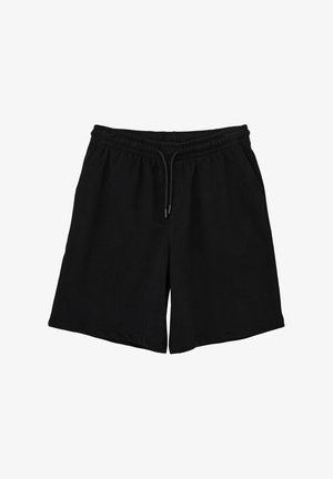 Schwarze Shorts aus weichem Stoff, mit elastischem Bund und Kordelzug, zwei seitlichen Taschen und einem locker sitzenden Design.