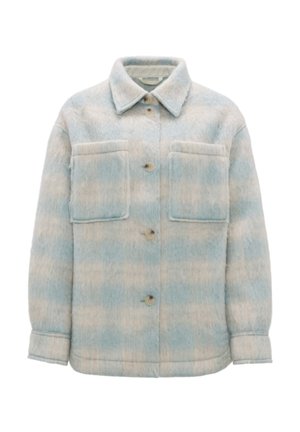 Flanellhemdjacke in Hellblau und Creme, aus einem weichen, strukturierten Stoff, mit Kragen, zwei Fronttaschen und Knopfverschluss.