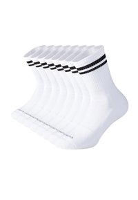 Calcetines de algodón blanco de tipo crew, con dos rayas horizontales negras en la parte superior. Paquete de seis, textura acanalada, punta y talón reforzados.