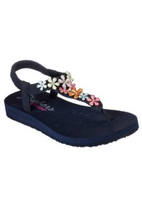 Sandale marine cu design cu bretele în formă de T, decorate cu accente florale colorate. Talpa din spumă moale și bretele elastice flexibile pentru un fit sigur.