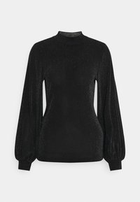 Svart långärmad topp med hög krage, tillverkad av ett strukturerat tyg med subtil glans. Puffärmar med åtsittande manschett.