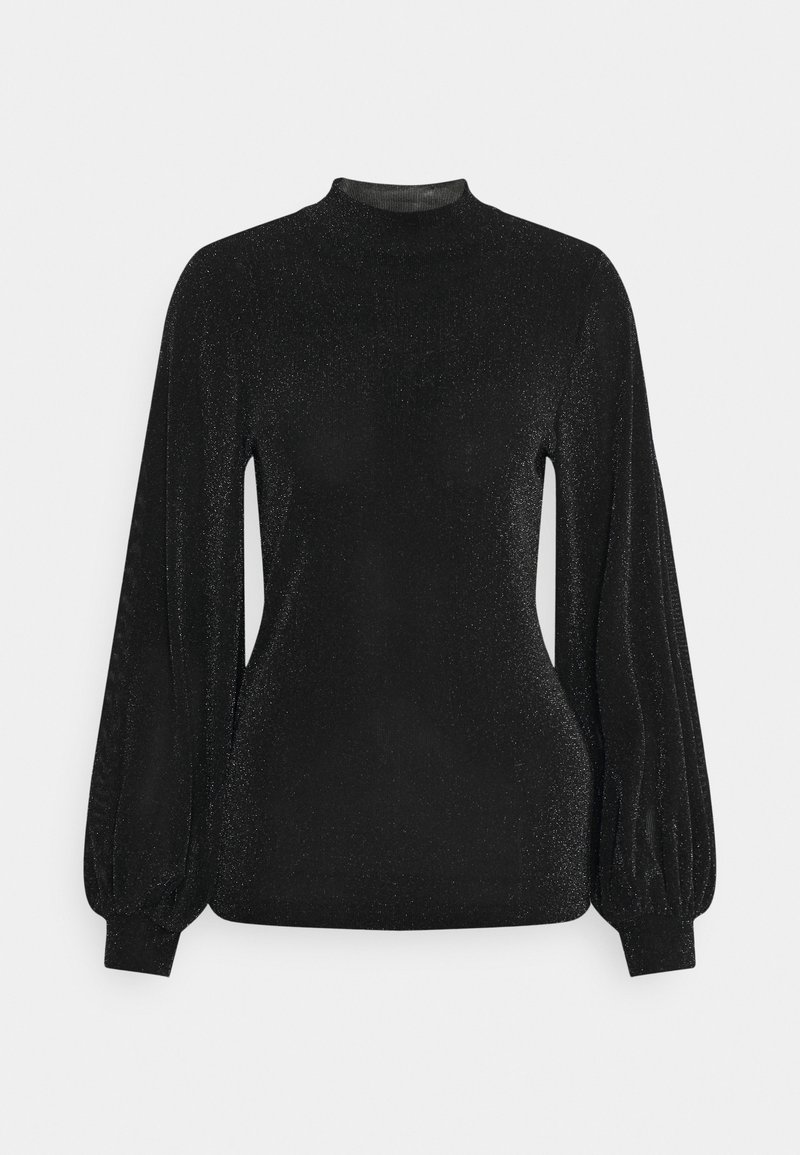 Svart långärmad topp med hög krage, tillverkad av ett strukturerat tyg med subtil glans. Puffärmar med åtsittande manschett.