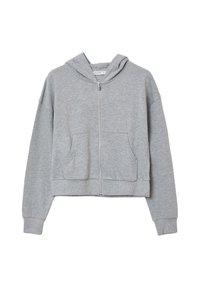 Hoodie zippé gris en tissu doux, doté d'une capuche, de longues manches, de deux poches avant et d'un design court avec des poignets et un ourlet côtelés.