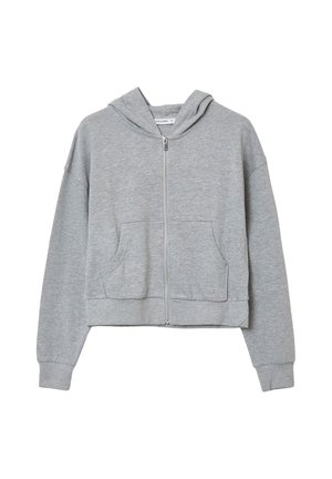 Graue zipfelige Kapuzenjacke aus weichem Stoff, mit Kapuze, langen Ärmeln, zwei Fronttaschen und einem cropped Design mit gerippten Bündchen und Saum.