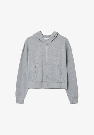 Graue zipfelige Kapuzenjacke aus weichem Stoff, mit Kapuze, langen Ärmeln, zwei Fronttaschen und einem cropped Design mit gerippten Bündchen und Saum.