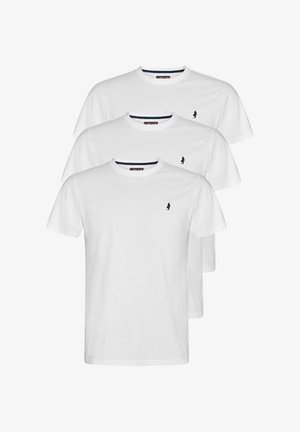 Three white cotton T-shirts with round necklines, short sleeves, and a small navy logo on the left chest. Smooth texture, simple design.