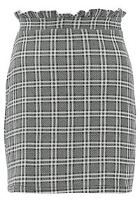 Jupe à carreaux noir et blanc avec taille froncée, affichant une coupe ajustée et un tissu texturé. Ourlet droit et légère élasticité.