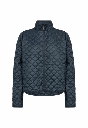 Chaqueta acolchada azul marino con cuello alto y cremallera completa. Presenta un patrón de diamantes, mangas largas y un dobladillo elástico para un ajuste ceñido.