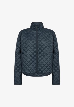 Jachetă matlasată bleumarin cu guler înalt și fermoar complet. Prezintă un model în formă de diamant, mâneci lungi și un tiv elastic pentru un aspect ajustat.