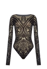 Body a maniche lunghe con motivo intricato in nero e beige, con scollo a barchetta, forma aderente e tessuto trasparente.
