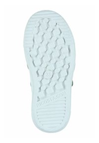 Suela de zapato de goma blanca con patrones de agarre texturizados, nódulos circulares y cuadrados, y detalles grabados de la marca y la talla.