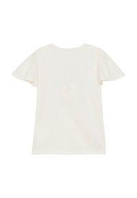 Weißes Baumwoll-T-Shirt mit kurzen, gepufften Ärmeln und rundem Halsausschnitt; glatte Textur ohne sichtbare Muster oder Verzierungen.