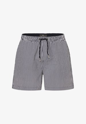 Gestreifte Badehosen in Marineblau und Weiß, aus leichtem Stoff, mit einem elastischen Bund und lockerer Passform.