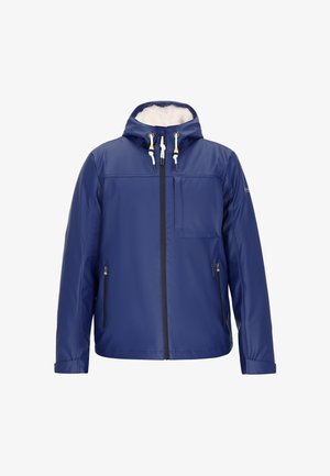 Granatowa wodoodporna kurtka z kapturem wyłożonym polaru, zapinana na zamek z przodu i posiadająca boczne kieszenie, z regulowanymi sznurkami i kontrastowymi elementami metalowymi.