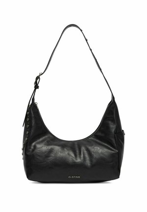 Borsa a tracolla in pelle nera con tracolla regolabile, borchie laterali e logo "G-STAR" al centro frontale.
