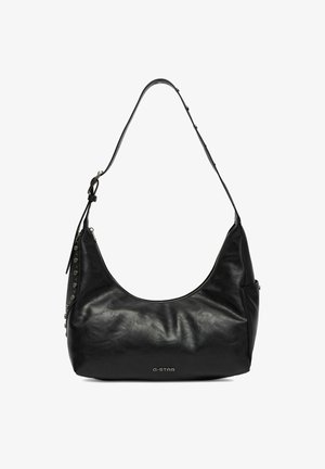 Schwarze Leder-Schultertasche mit verstellbarem Riemen, seitlichen Nieten und "G-STAR"-Logo in der vorderen Mitte.