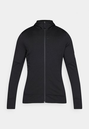 Black zip-up jacket with a high collar, long sleeves, and smooth texture. Features a minimalist design and reflective accents.