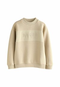Pohodlná béžová mikina s texturou, která má žebrované detaily, kulatý výstřih a embosované logo "BAKER" na hrudi. Standardní střih.