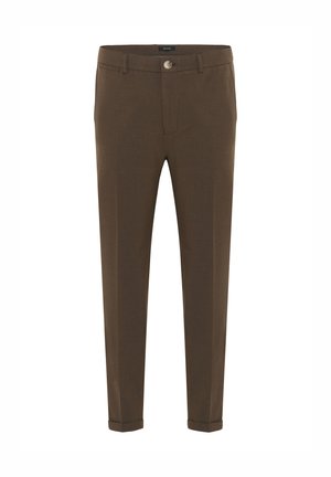 Braune maßgeschneiderte Hose mit regular fit, ausgestattet mit einem Knopfverschluss, flachem Frontbereich und umgeschlagenen Bündchen. Hergestellt aus strukturiertem Stoff.