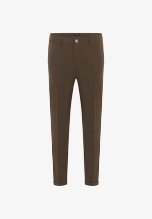 Braune maßgeschneiderte Hose mit regular fit, ausgestattet mit einem Knopfverschluss, flachem Frontbereich und umgeschlagenen Bündchen. Hergestellt aus strukturiertem Stoff.