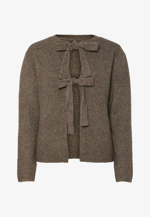 Pruun ribaga kardigan, millel on kaeluses sidumiseks nöör, pika varrukaga ja pehme tekstuuriga.