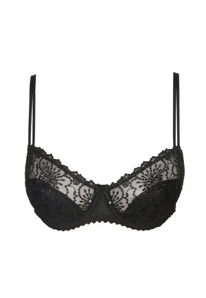 Black lace bra with sheer floral detailing, adjustable straps, underwire support, textured fabric, and decorative accents at the center.