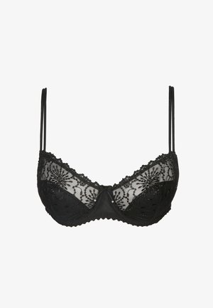Zwarte kant beha met doorschijnende bloemen details, verstelbare banden, onderdraad ondersteuning, textuurstof en decoratieve accenten in het midden.