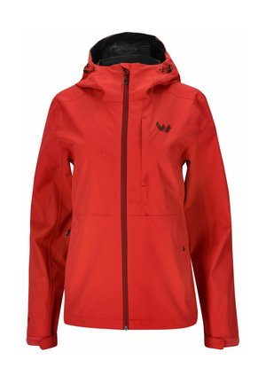 Rote wasserdichte Jacke mit einer formschlüssigen Kapuze, Reißverschluss vorne und zwei seitlichen Taschen. Mit einem Logo oben links und verstellbaren Bündchen.